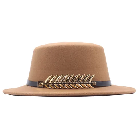 Vintage Britischer Stil Polyester Filz Flacher Fedora Hut Für Herren Damen Mit Metall Fischgräten Gürtelschnalle Herbst Winter Warmer Jazz Hut