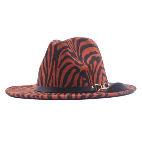 Zebra Striped Woolen Fedora Hat With Belt Metal Buckle Fashion Jazz Hat For Women Men Autumn Winter Warm Flat Wide Brim Hat