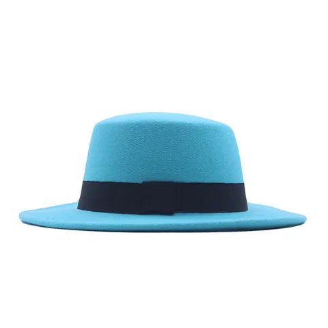 Vintage Britischer Stil Flache Oberseite Fedora Hut Herbst Winter Polyester Wollfilz Jazz Hut Mit Bandschleife Für Herren Damen