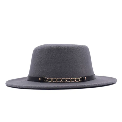 Vintage Britischer Stil Wollfilz Flachkopf Fedora Hut Für Herren Damen Unisex Herbst Winter Mode Boater Hut Mit Kette Lederband Dekor
