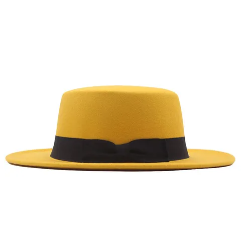 Vintage Britischer Stil Polyester Flache Krone Fedora Hut Mit Schleife Bandverzierung Breite Krempe Lässig Jazz Hut Für Herren Damen