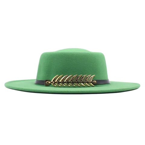Retro Polyester Filzhut Mit Metall Fischgräte Band Eleganter Breite Krempe Flache Krone Jazz Mütze Für Damen Reisen Accessoire