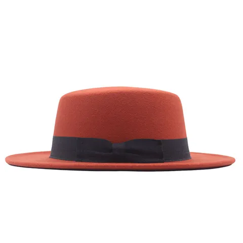 Vintage Britischer Stil Polyester Flache Krone Fedora Hut Mit Schleife Bandverzierung Breite Krempe Lässig Jazz Hut Für Herren Damen