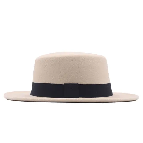 Vintage Britischer Stil Flache Oberseite Fedora Hut Herbst Winter Polyester Wollfilz Jazz Hut Mit Bandschleife Für Herren Damen