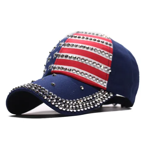 Western Style Cotton Denim US Flag Rhinestone Baseball Cap Curved Brim Sparkly Sun Protection Hat For Men Women Outdoor Casual