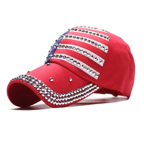 Western Style Cotton Denim US Flag Rhinestone Baseball Cap Curved Brim Sparkly Sun Protection Hat For Men Women Outdoor Casual