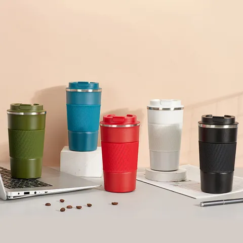 Taza de Café con Aislamiento al Vacío de Acero Inoxidable Vaso Portátil Con Funda de Silicona y Tapa Antiderrames