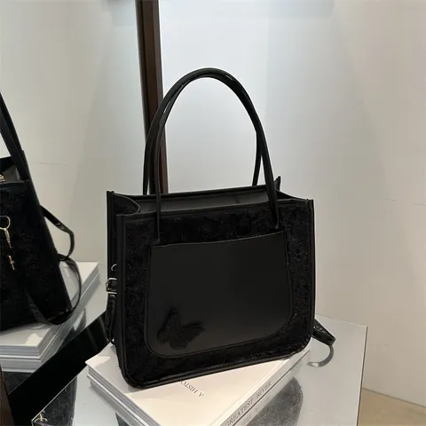 Dames Retro Pluche Patchwork Shopper Tas Casual Mode Schoudertas Schattig Vlinder Borduurwerk Handtas