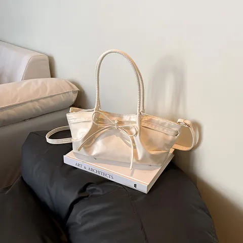Dames Mode Minimalistische PU Leer Tote Tas Casual Woon-Werk Enkel Schouder Crossbody Tas Elegante Strik Geplooide Handtas
