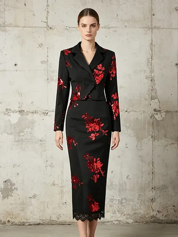 Elegant Sequin Floral Women Top And Bottom Set Short Lapel Blazer And High Waist Lace Patchwork Maxi Skirt Banquet Outfit