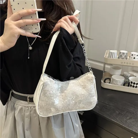 Modieuze Pailletten Onderarmtas Trendy Glanzende Schoudertas Casual Kleine Vierkante Tas PU Lederen Patchwork Handtas