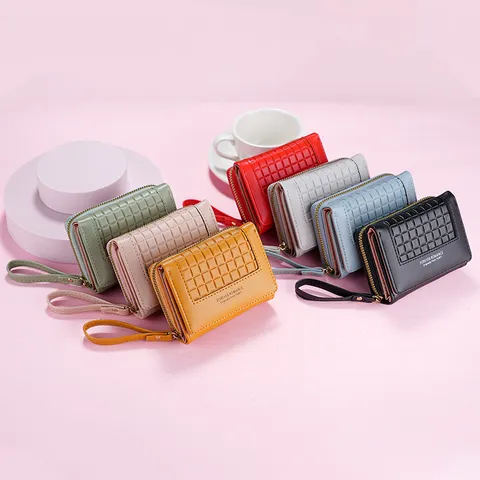 Women PU Leather Small Wallet Triple Fold Grid Pattern Purse With Wrist Strap Zipper Coin Pocket Large Capacity Fashion Bag