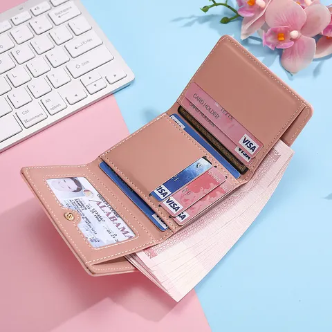 Women Short PU Leather Wallet Fresh Sweet Trifold Card Holder Cartoon Bear Embossed Purse With Bow Metal Decor
