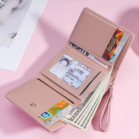 Sweet PU Leather Short Trifold Women Wallet Cute Contrast Color Metal Antler Small Wallet With Zipper Multi Slot Card Holder Coin Purse Wristlet