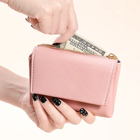 Women Short Wallet PU Leather Tri-fold Purse Large Capacity Fashion Heart Pendant Zipper Card Holder Credit Card Organizer