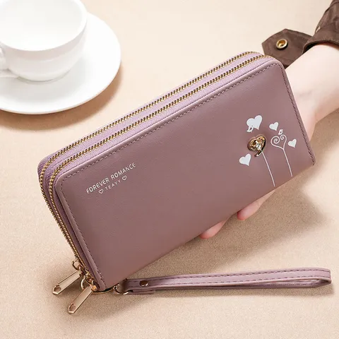 Cartera Larga para Mujer con Doble Cremallera de Cuero PU Bolso de Mano para Teléfono Móvil Monedero Portatarjetas con Correa