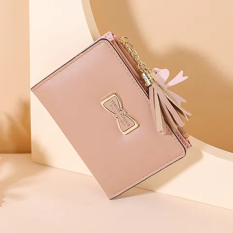 Short Women's Wallet PU Leather Bowknot Tassel Small Coin Purse Multi-Card Slot Zipper Foldable Wallet For Women Ladies Fashion Purse