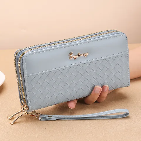Women Long Wallet PU Leather Woven Design Double Zipper Large Capacity Phone Purse Wristlet Handbag Daily Fashion Wallet