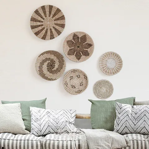 Piatti da Appendere alla Parete in Erba Marina Tessuta in Stile Bohémien Set di Cesti Decorativi per Soggiorno Arte della Parete di Casa