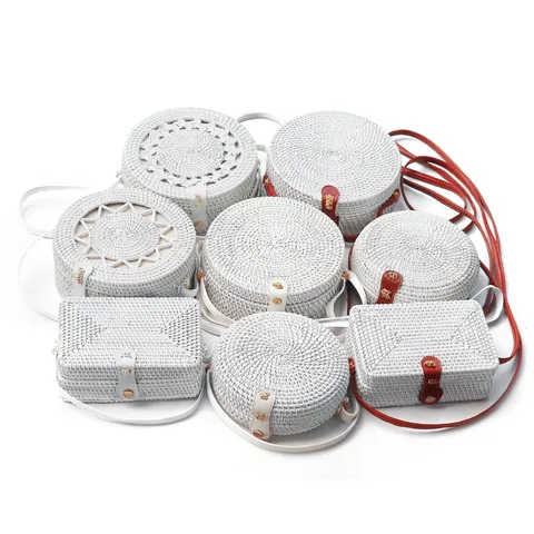 White Rattan Woven Crossbody Bag Pastoral Literary Straw Shoulder Bag Handcrafted Casual Daily Purse For Women