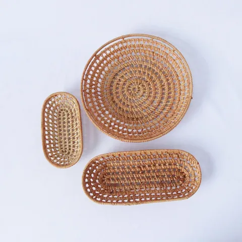 Handmade Natural Rattan Woven Storage Basket Hollow Fruit Plate Tea Towel Holder Table Organizer Home Decor