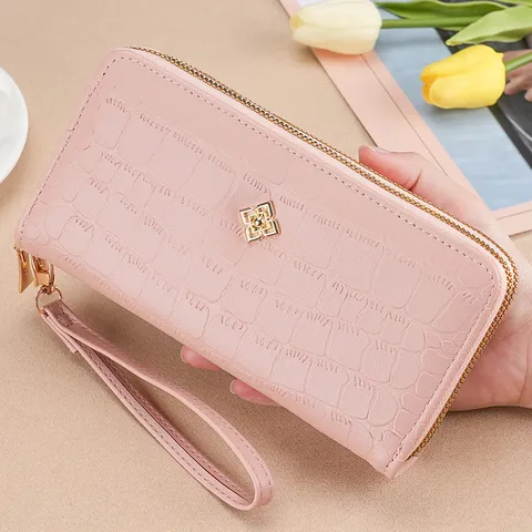 Women Long Wallet Large Capacity Double Zipper Clutch Purse Crocodile Pattern PU Leather Handbag With Wrist Strap Card Holder
