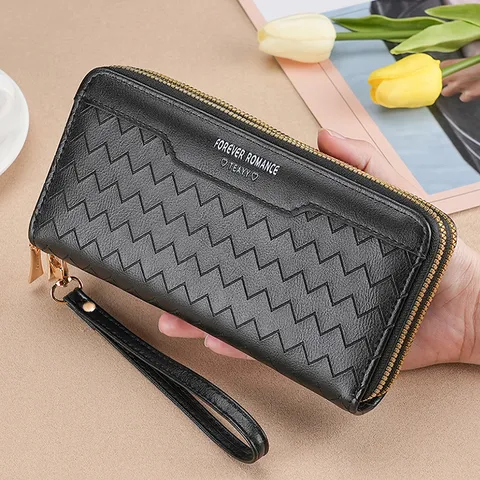 Vintage PU Leather Long Bifold Clutch Wallet For Women Large Capacity Dual Zipper Card Holder Phone Pouch With Wrist Strap