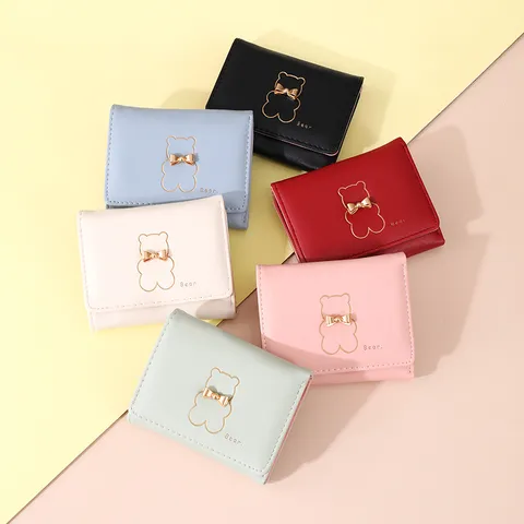 Women Short PU Leather Wallet Fresh Sweet Trifold Card Holder Cartoon Bear Embossed Purse With Bow Metal Decor