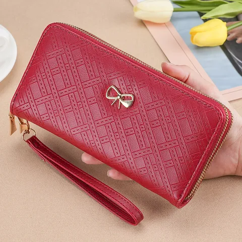 Women Sweet PU Leather Long Wallet Large Capacity Bowknot Embossed Double Zipper Clutch Phone Purse Wristlet Daily Handbag Bag Card Holder