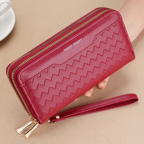 Vintage PU Leather Long Bifold Clutch Wallet For Women Large Capacity Dual Zipper Card Holder Phone Pouch With Wrist Strap