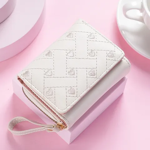 Women's Heart Embroidery Short PU Leather Tri-fold Wallet With Wrist Strap Zipper Coin Pocket Elegant Minimalist Card Holder