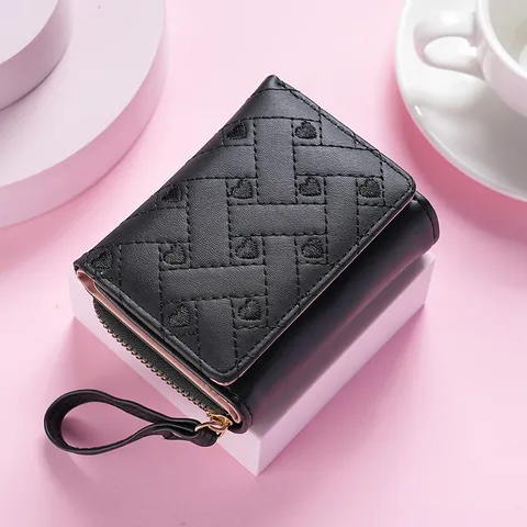 Women's Heart Embroidery Short PU Leather Tri-fold Wallet With Wrist Strap Zipper Coin Pocket Elegant Minimalist Card Holder