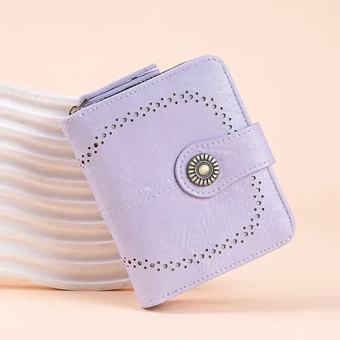 Vintage Oil Wax PU Leather Women Short Wallet Hollow Out Design Multifunction Card Holder Zipper Coin Purse Small Wallet