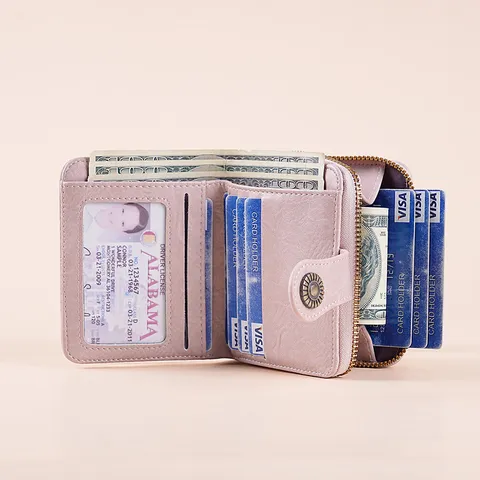Vintage Oil Wax PU Leather Women Short Wallet Hollow Out Design Multifunction Card Holder Zipper Coin Purse Small Wallet