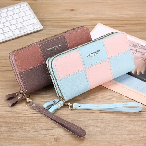 Women's Long Clutch Wallet Geometric Stitching PU Leather Purse Phone Bag Double Zipper Large Capacity Wallet With Wristlet