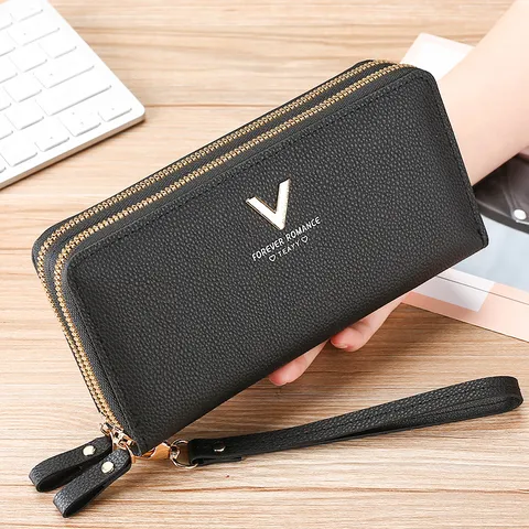 Women Fashion Long Wallet Large Capacity Double Zipper Clutch Purse Synthetic Leather Litchi Card Holder With Wrist Strap