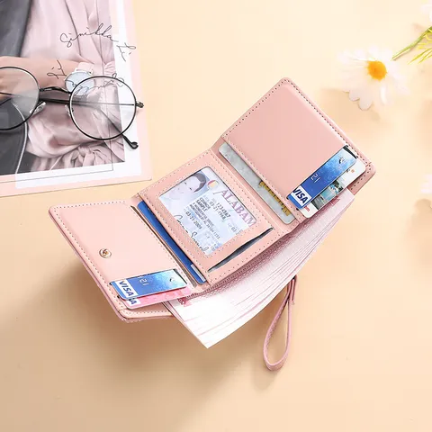 Women Sweet PU Leather Tri-Fold Short Wallet Embroidered Heart Quilted Card Slots Wristlet Zip Purse Small Coin Pocket Clutch