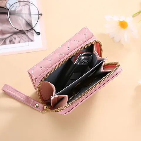 Women Sweet PU Leather Tri-Fold Short Wallet Embroidered Heart Quilted Card Slots Wristlet Zip Purse Small Coin Pocket Clutch