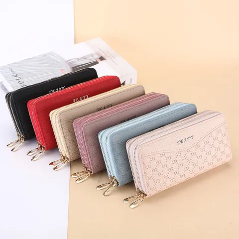 Women Long Wallet PU Leather Double Zipper Large Capacity Wristlet Clutch Phone Purse Wear Resistant Embossed Textured Card Holder