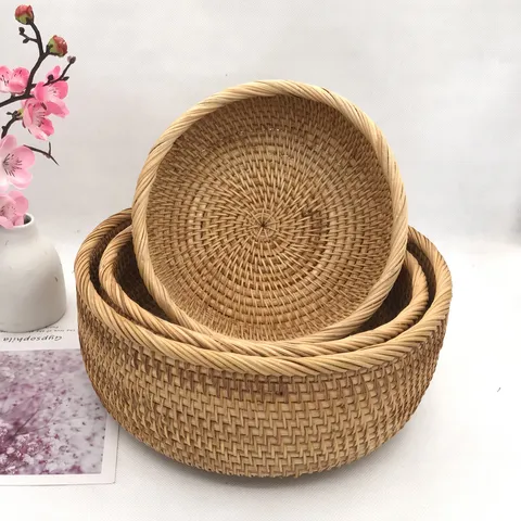 Panier de Rangement en Rotin Tissé Fait Main Vietnamien Corbeille à Fruits Organisateur de Snacks Style Chinois Nouveau