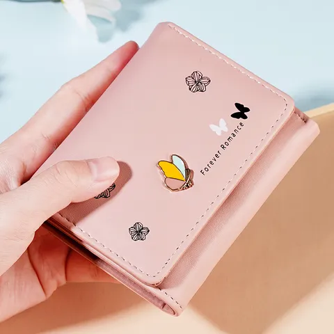 Fashion Women Short Wallet Printed PU Leather Three Fold Card Holder With Metal Butterfly Decor Small Coin Purse Mini Wallet