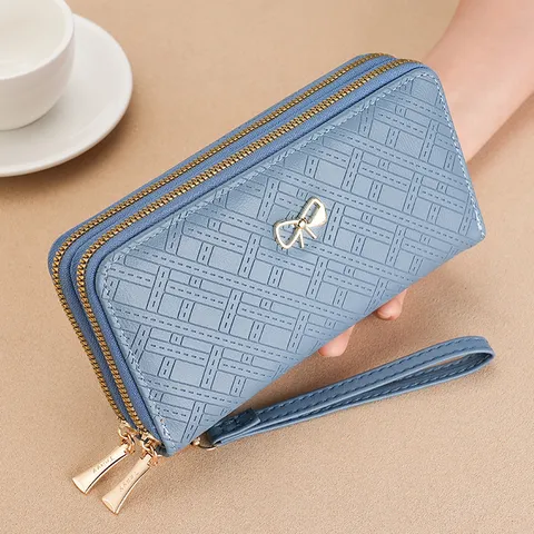 Women Sweet PU Leather Long Wallet Large Capacity Bowknot Embossed Double Zipper Clutch Phone Purse Wristlet Daily Handbag Bag Card Holder