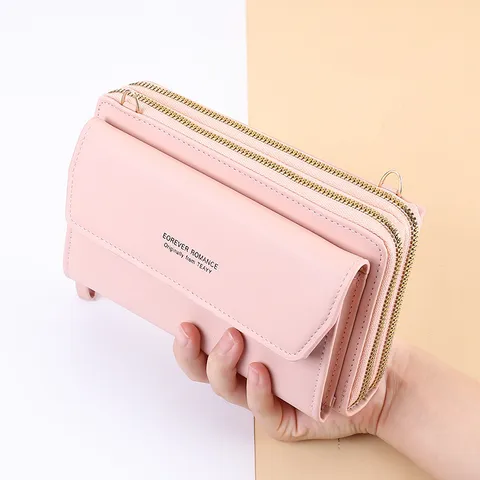 Women Fashion PU Leather Cell Phone Crossbody Bag Double Zipper Long Wallet Street Trend Shoulder Bag Card Holder Purse