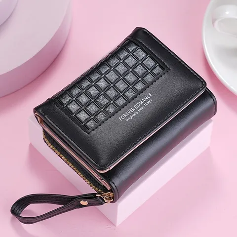 Women PU Leather Small Wallet Triple Fold Grid Pattern Purse With Wrist Strap Zipper Coin Pocket Large Capacity Fashion Bag