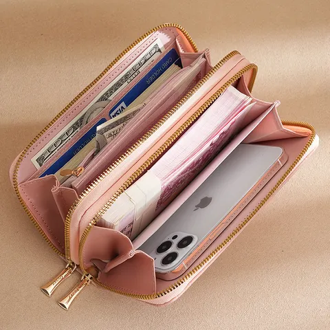 Women Long Wallet Large Capacity Double Zipper Clutch Purse Crocodile Pattern PU Leather Handbag With Wrist Strap Card Holder