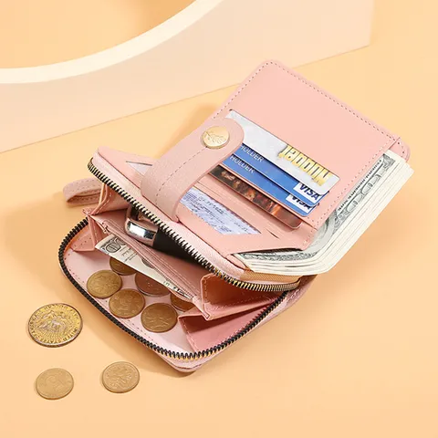 Women's Short Wallet PU Leather Lychee Pattern Multi Card Slot Zipper Coin Purse Buckle Card Holder Urban Simple Ladies Small Wallet