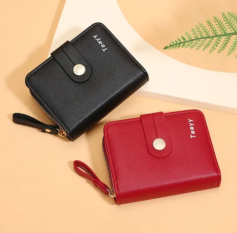 Women's Short Wallet PU Leather Lychee Pattern Multi Card Slot Zipper Coin Purse Buckle Card Holder Urban Simple Ladies Small Wallet