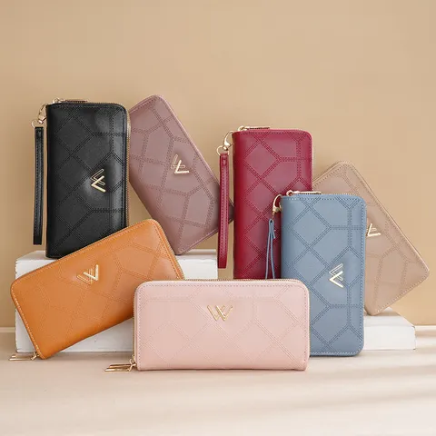 Women Long Wallet Quilted Diamond Lattice Double Zipper Clutch Purse Large Capacity Phone Pocket With Wristlet Handbag