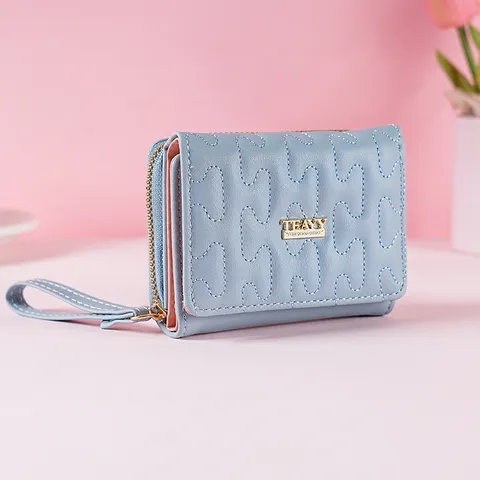 Women's Fashion Short Wallet Solid Color PU Leather Quilted Wavy Stitching Multi-Card Slots Zipper Coin Purse With Wristlet