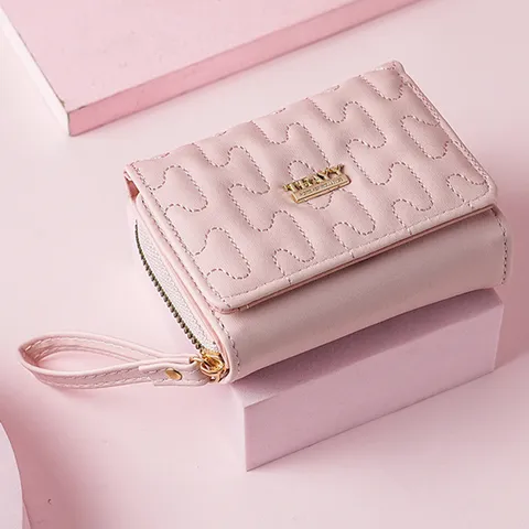 Women's Fashion Short Wallet Solid Color PU Leather Quilted Wavy Stitching Multi-Card Slots Zipper Coin Purse With Wristlet